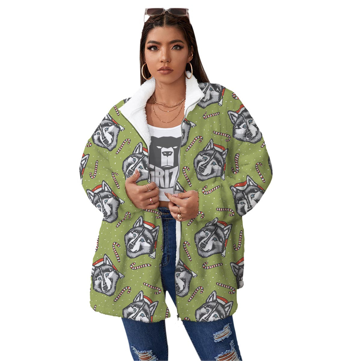 Siberian Husky Santa Print Pattern Women's Sherpa Jacket-grizzshop