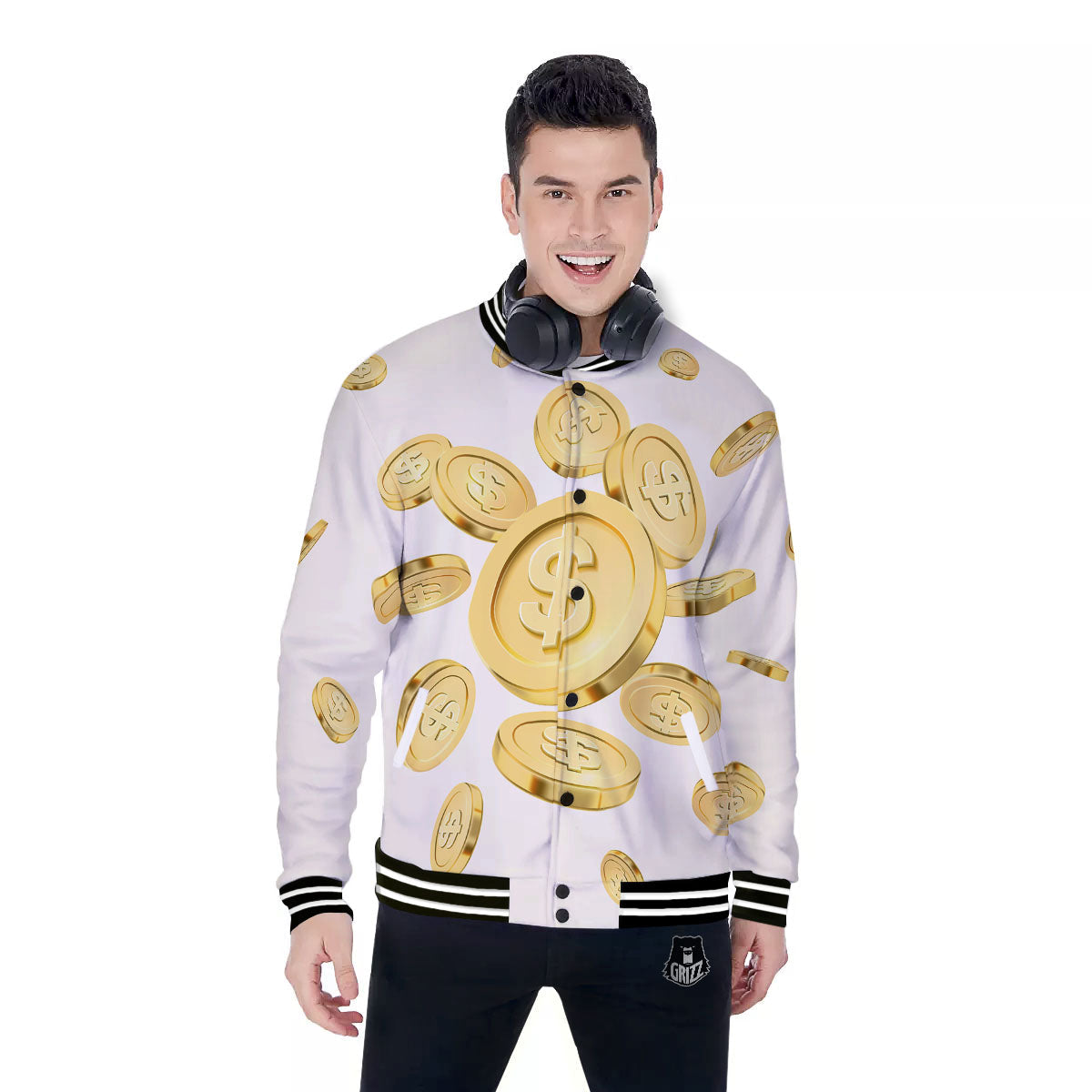 Sign Explosion Golden Dollar Print Baseball Jacket-grizzshop