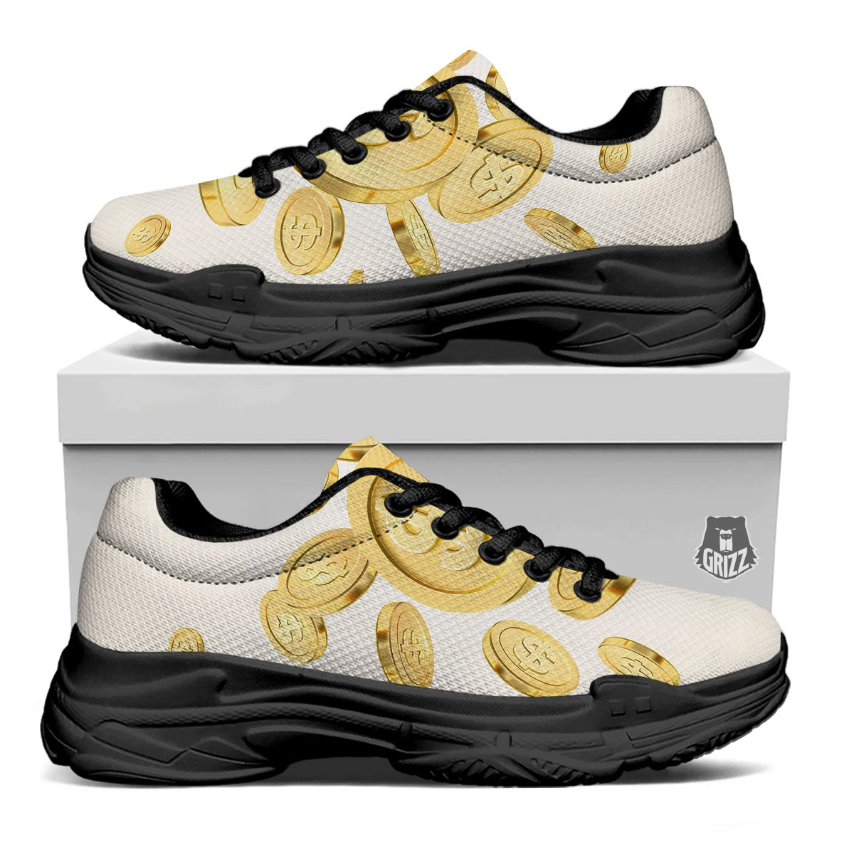 Sign Explosion Golden Dollar Print Black Chunky Shoes-grizzshop