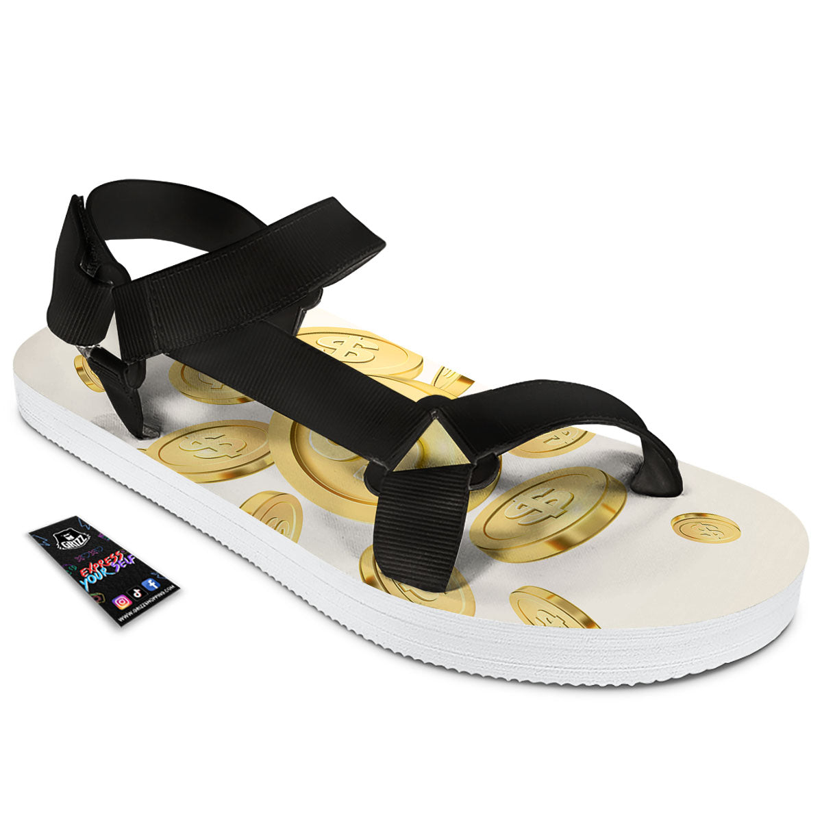 Sign Explosion Golden Dollar Print Black Open Toe Sandals-grizzshop