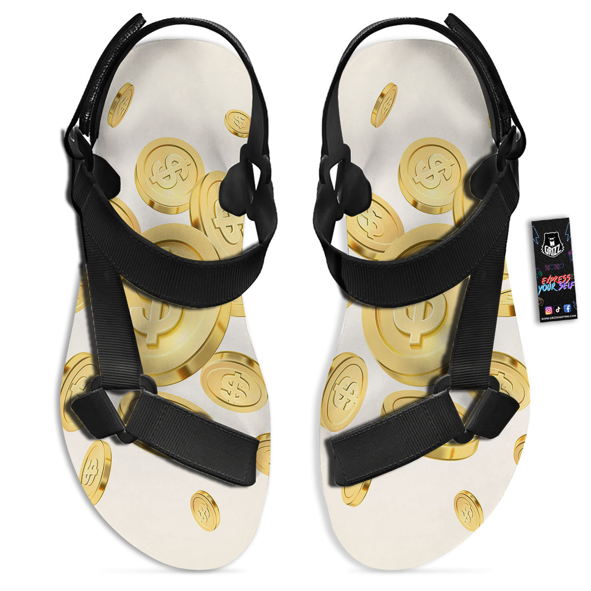 Sign Explosion Golden Dollar Print Black Open Toe Sandals-grizzshop