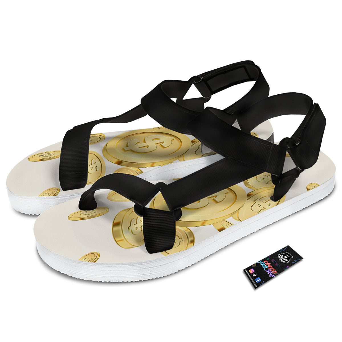 Sign Explosion Golden Dollar Print Black Open Toe Sandals-grizzshop