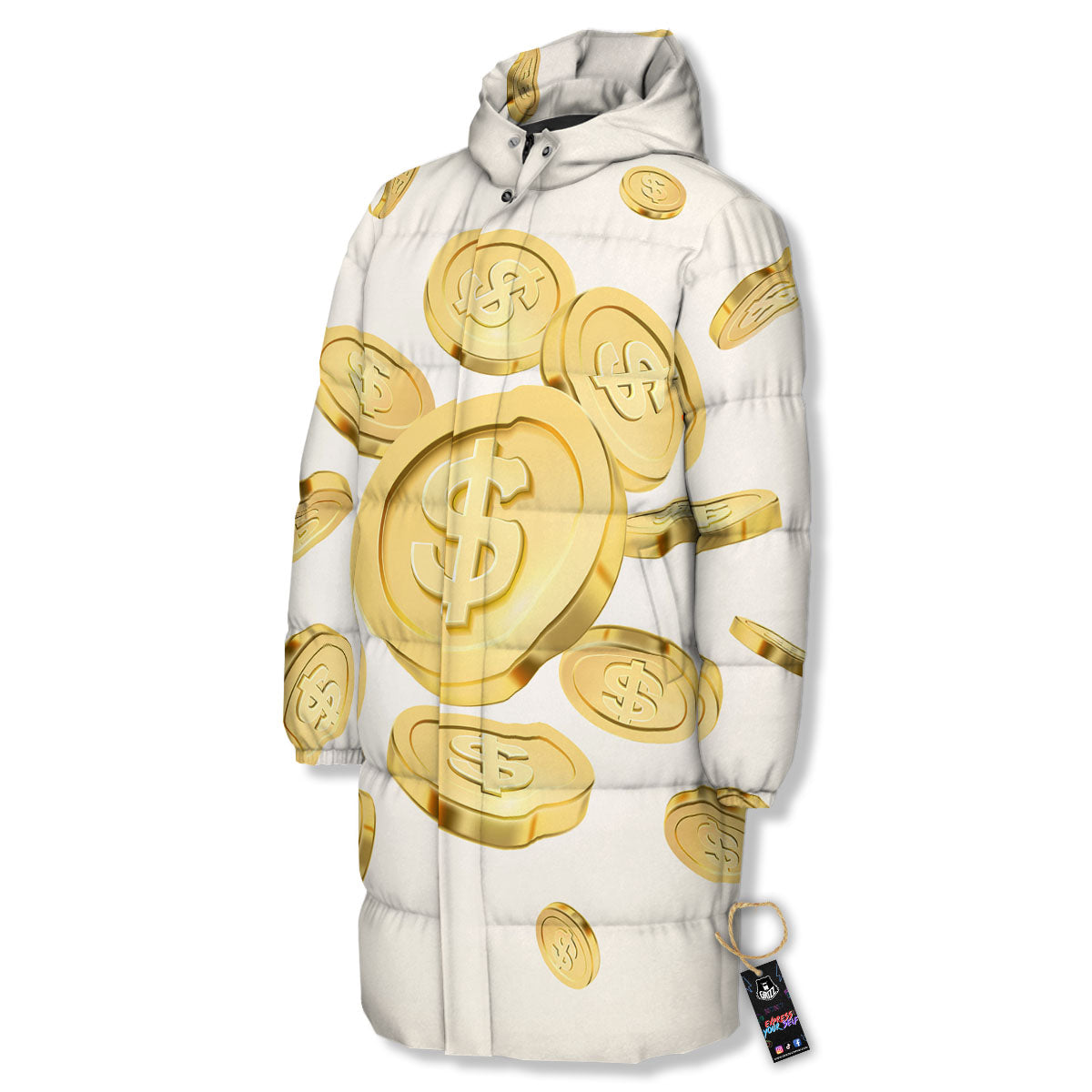 Sign Explosion Golden Dollar Print Long Down Jacket-grizzshop