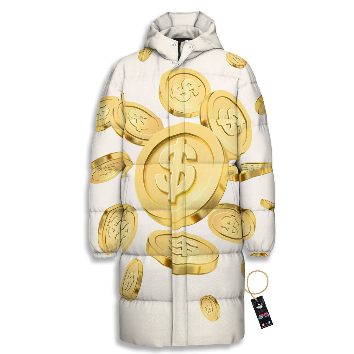 Sign Explosion Golden Dollar Print Long Down Jacket-grizzshop