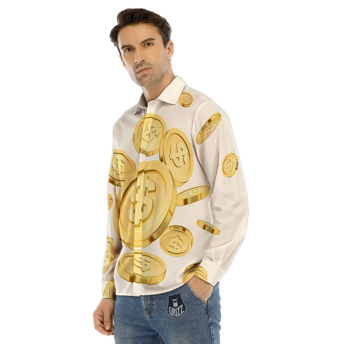Sign Explosion Golden Dollar Print Men's Dress Shirts-grizzshop