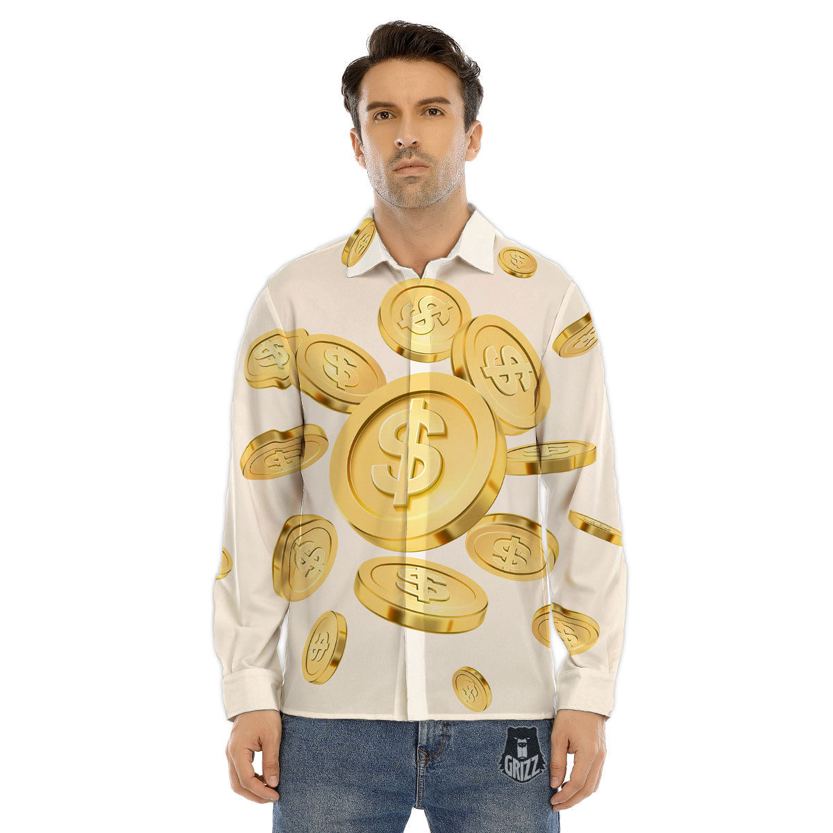 Sign Explosion Golden Dollar Print Men's Dress Shirts-grizzshop