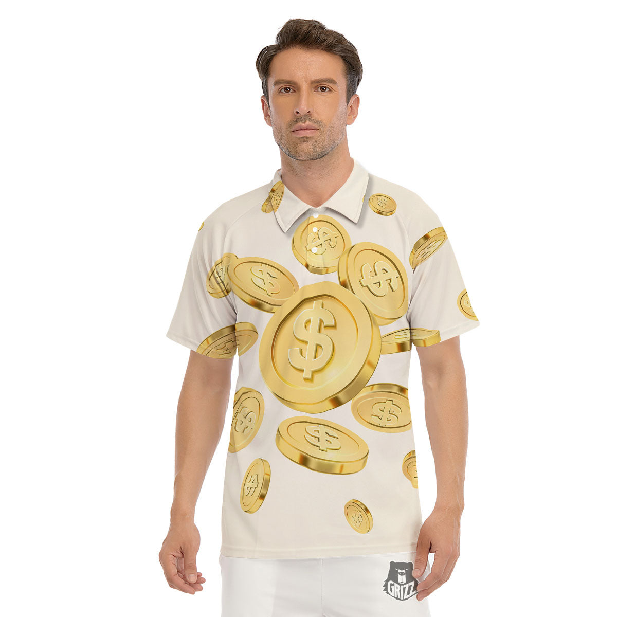 Sign Explosion Golden Dollar Print Men's Golf Shirts-grizzshop