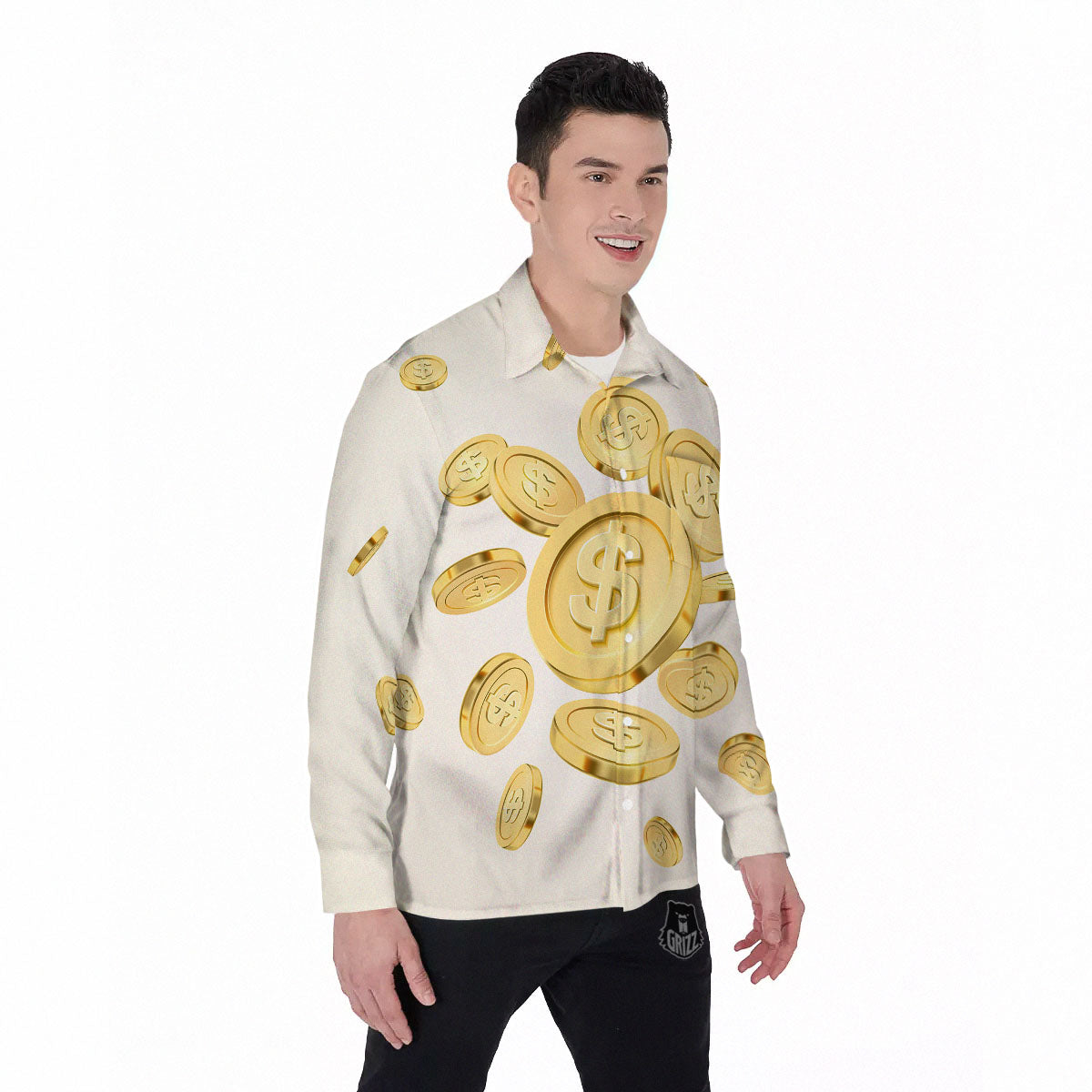 Sign Explosion Golden Dollar Print Men's Long Sleeve Shirts-grizzshop