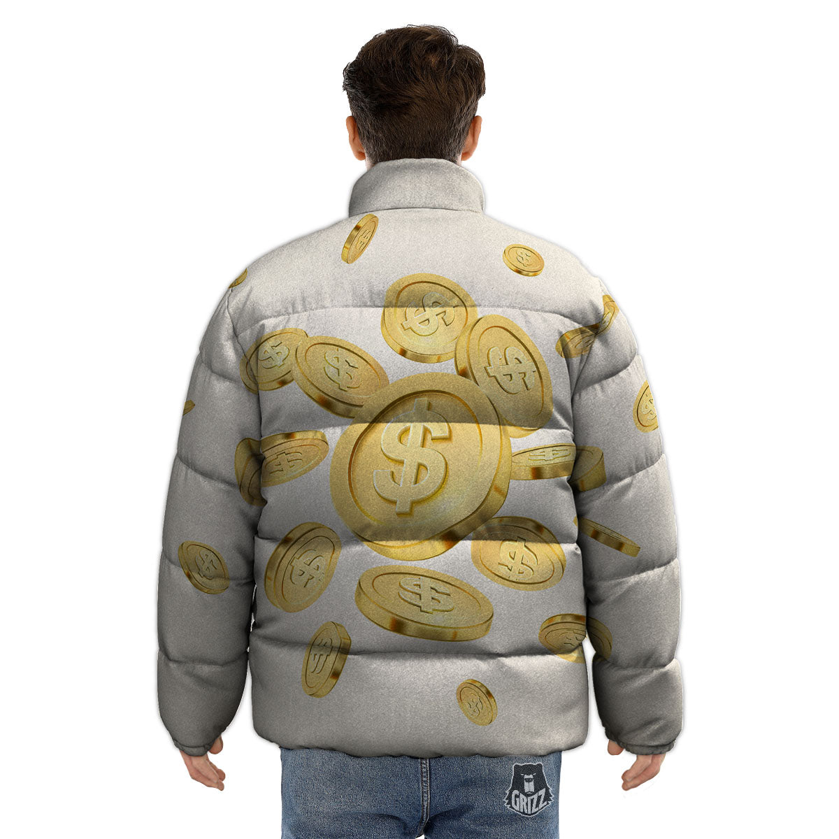 Sign Explosion Golden Dollar Print Puffer Jacket-grizzshop