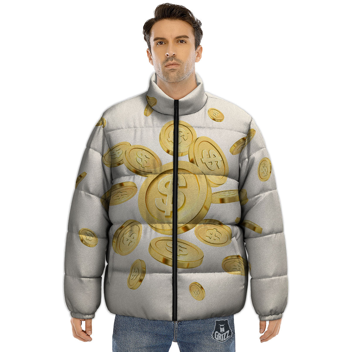 Sign Explosion Golden Dollar Print Puffer Jacket-grizzshop