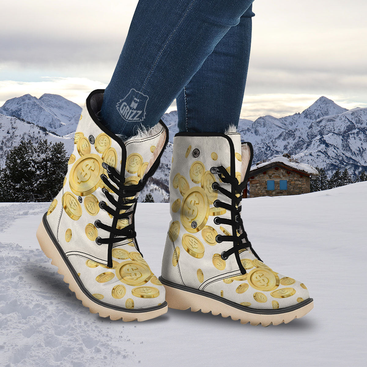 Sign Explosion Golden Dollar Print Snow Boots-grizzshop