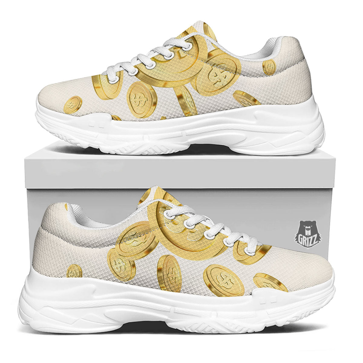 Sign Explosion Golden Dollar Print White Chunky Shoes-grizzshop