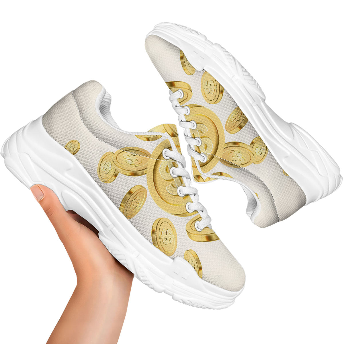 Sign Explosion Golden Dollar Print White Chunky Shoes-grizzshop