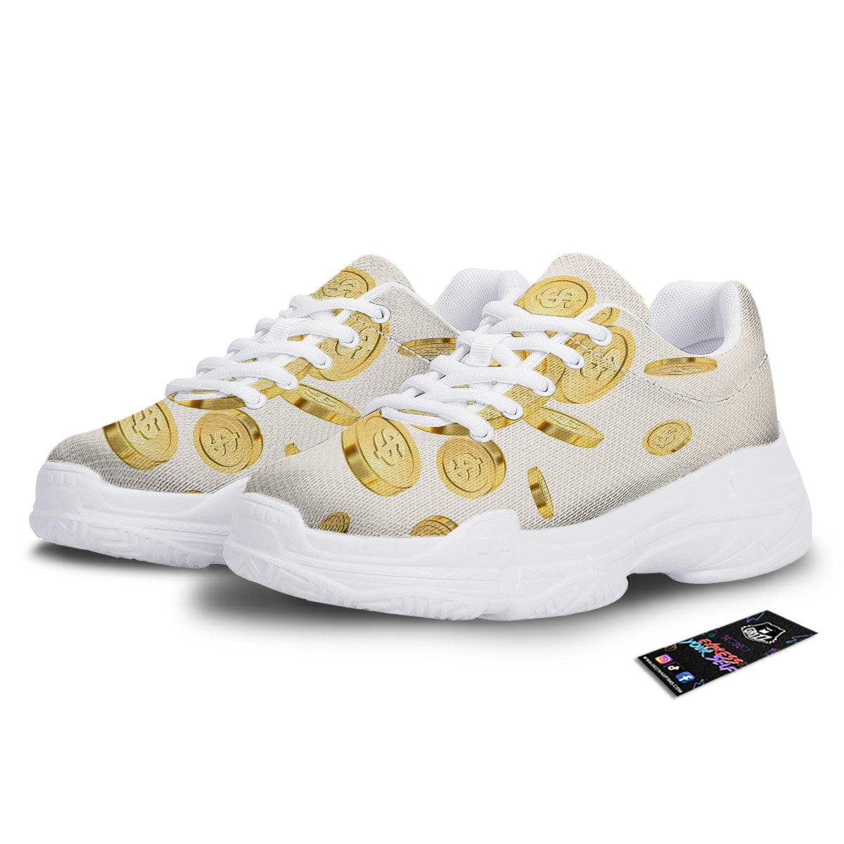 Sign Explosion Golden Dollar Print White Chunky Shoes-grizzshop