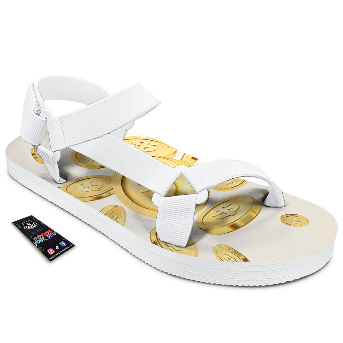 Sign Explosion Golden Dollar Print White Open Toe Sandals-grizzshop
