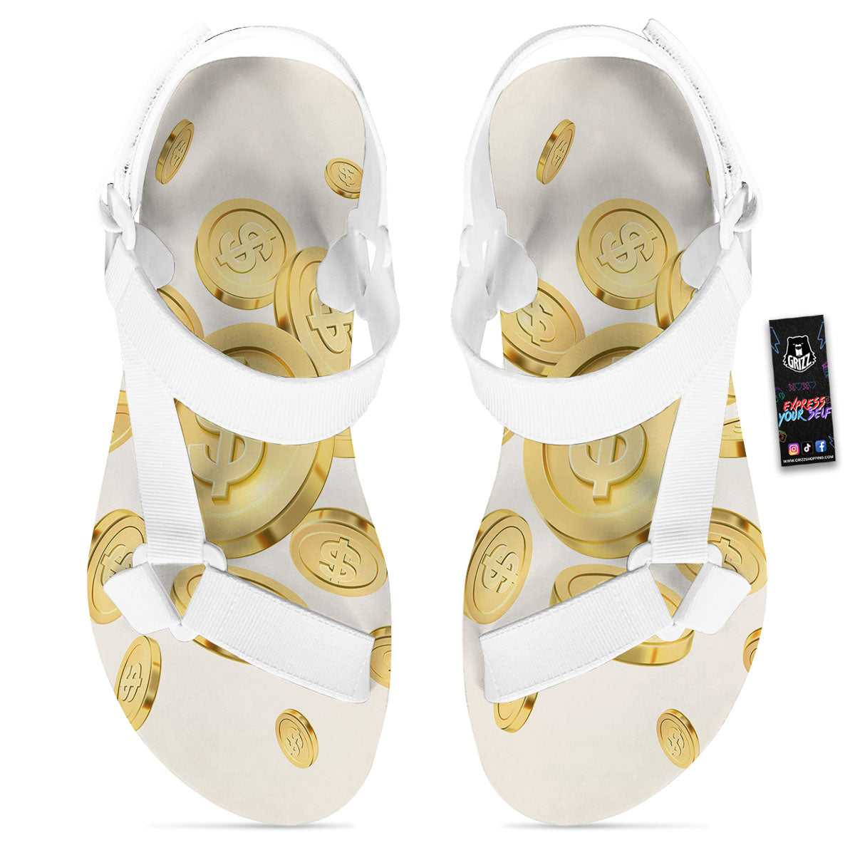 Sign Explosion Golden Dollar Print White Open Toe Sandals-grizzshop