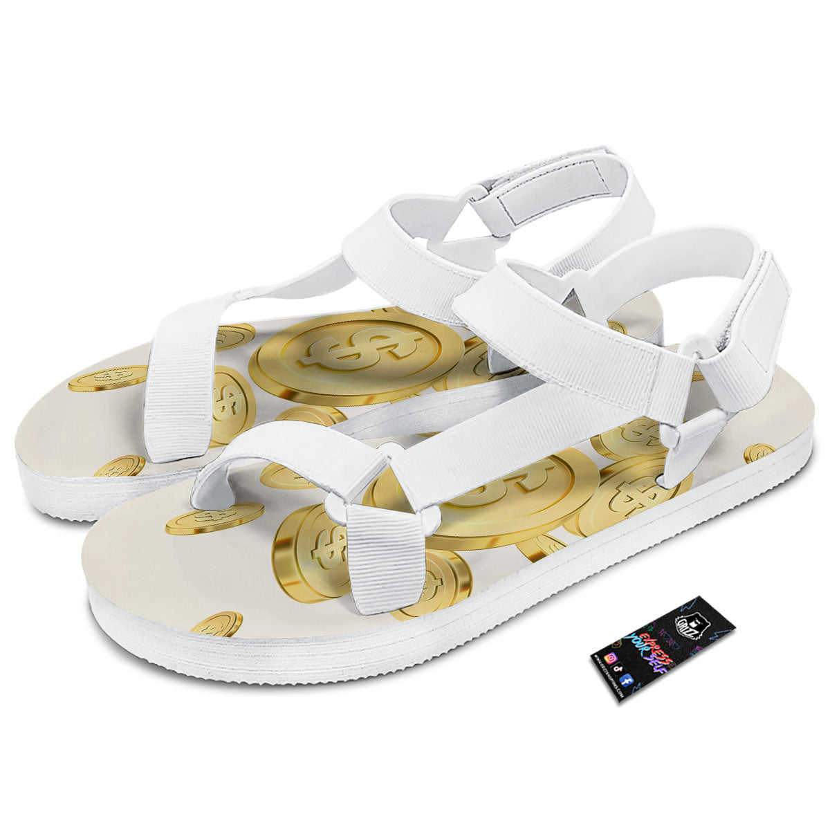 Sign Explosion Golden Dollar Print White Open Toe Sandals-grizzshop
