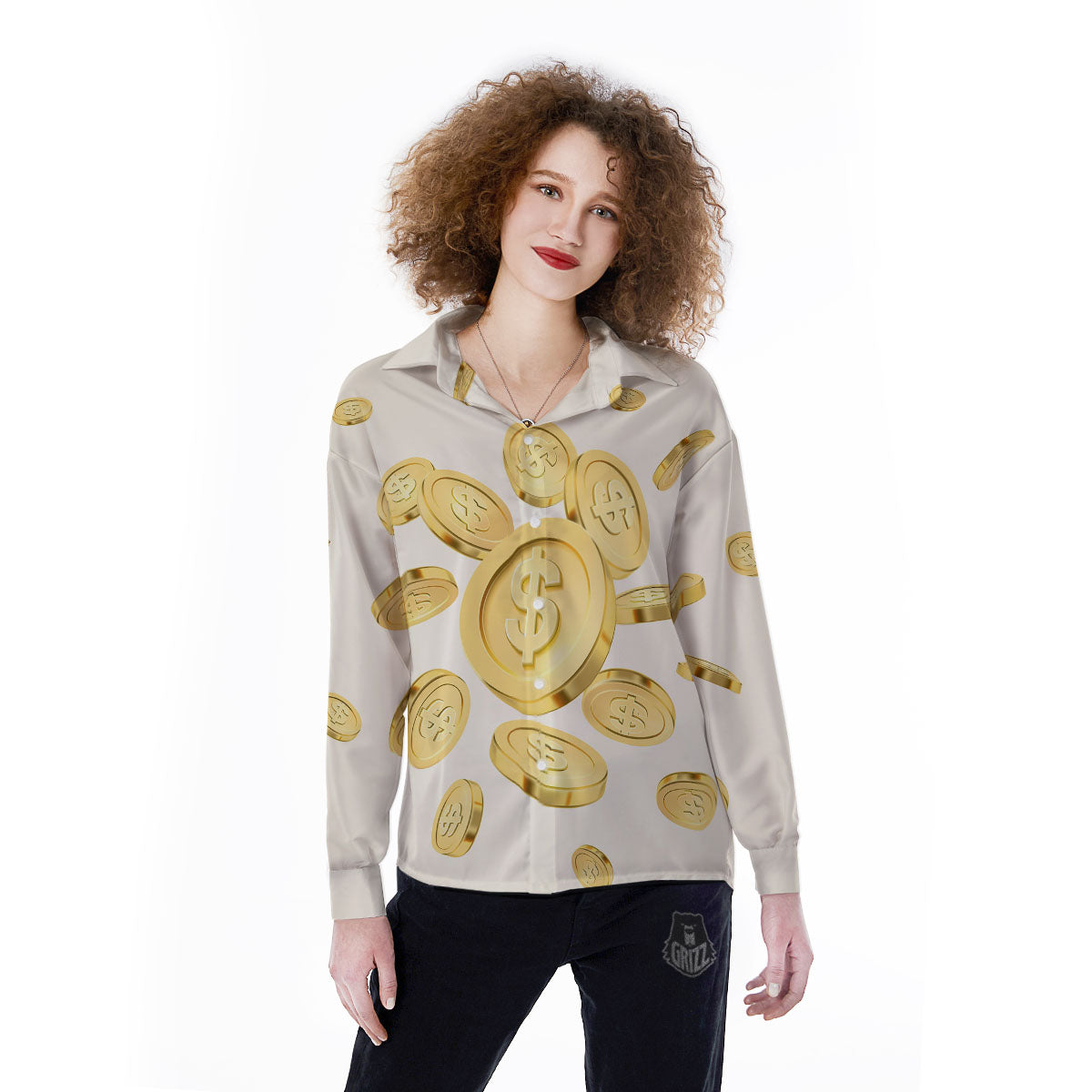 Sign Explosion Golden Dollar Print Women's Long Sleeve Shirts-grizzshop