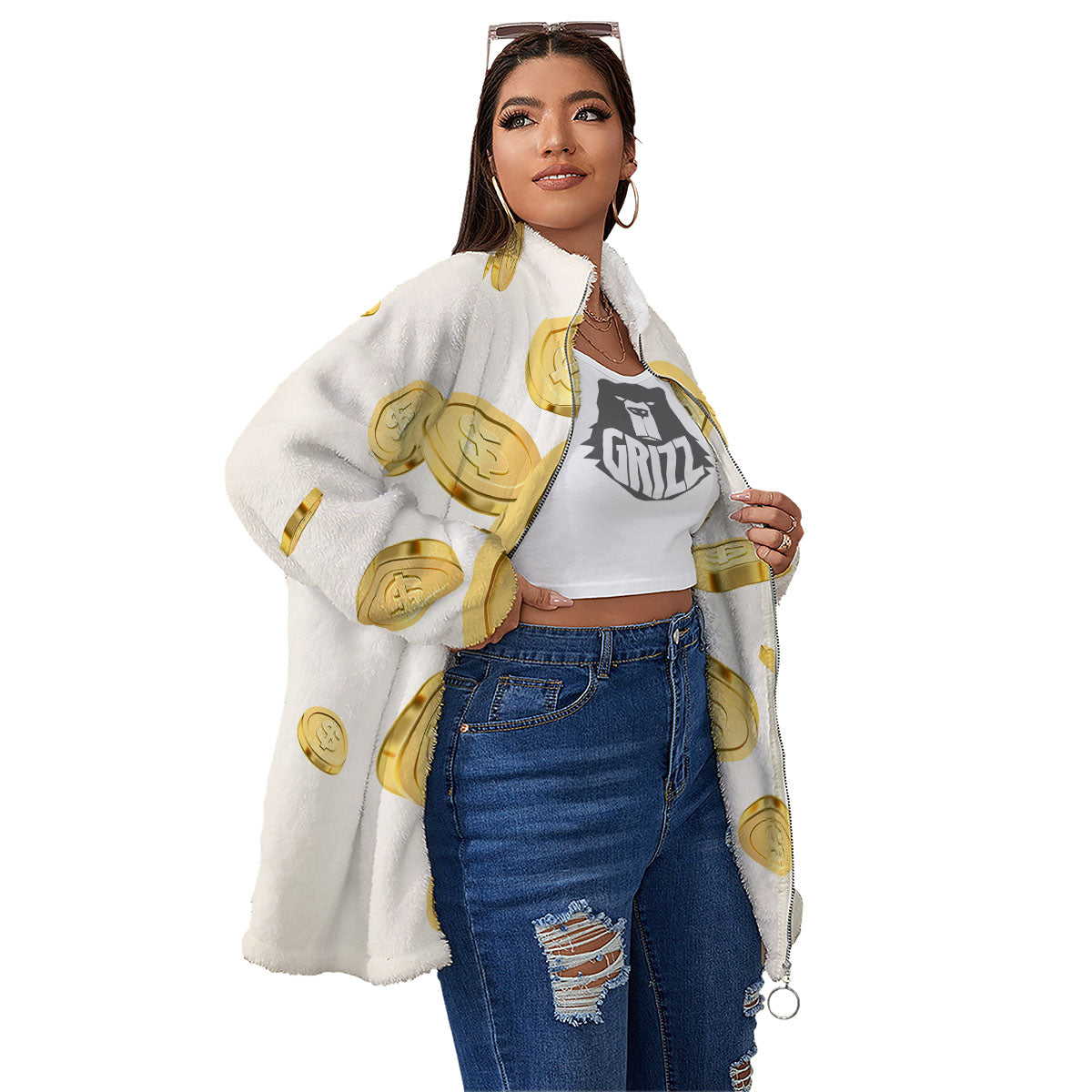 Sign Explosion Golden Dollar Print Women's Sherpa Jacket-grizzshop