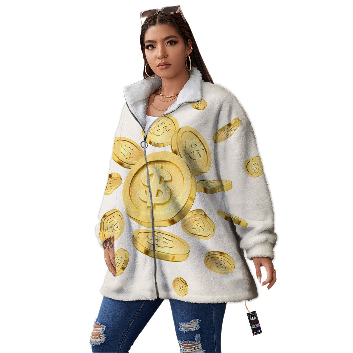 Sign Explosion Golden Dollar Print Women's Sherpa Jacket-grizzshop