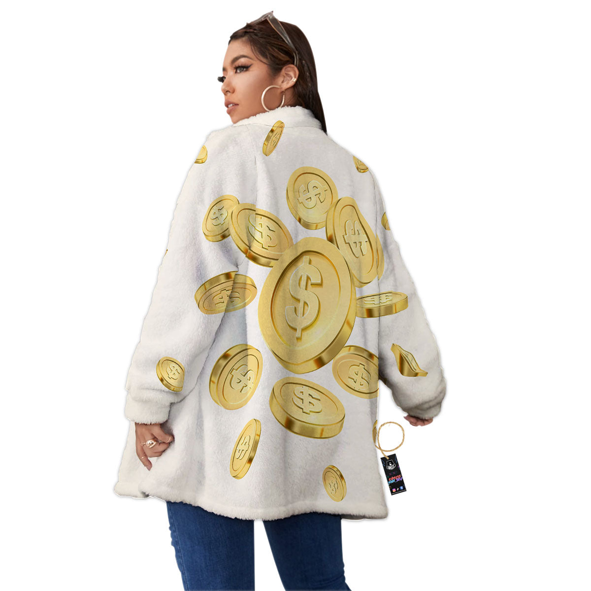 Sign Explosion Golden Dollar Print Women's Sherpa Jacket-grizzshop