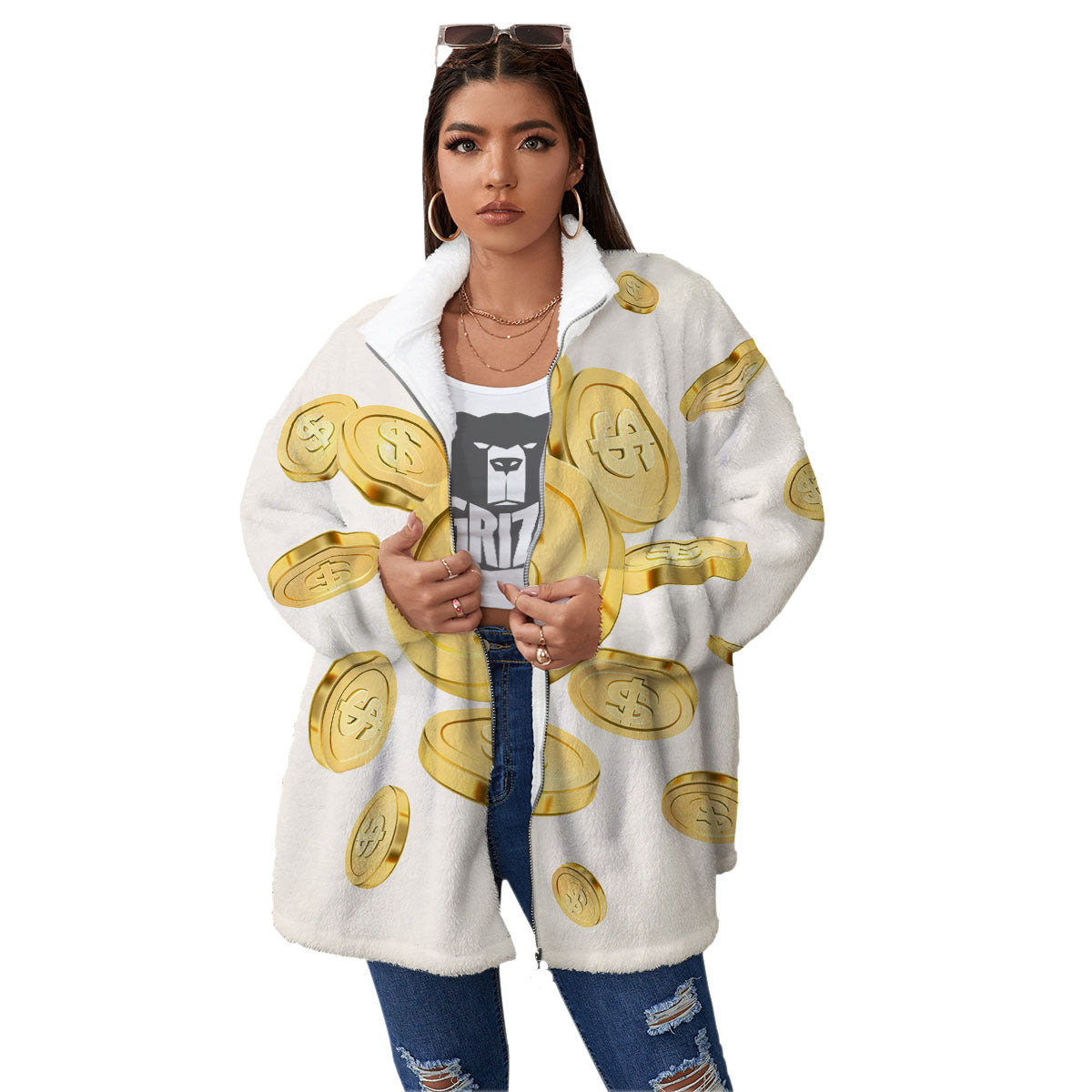 Sign Explosion Golden Dollar Print Women's Sherpa Jacket-grizzshop