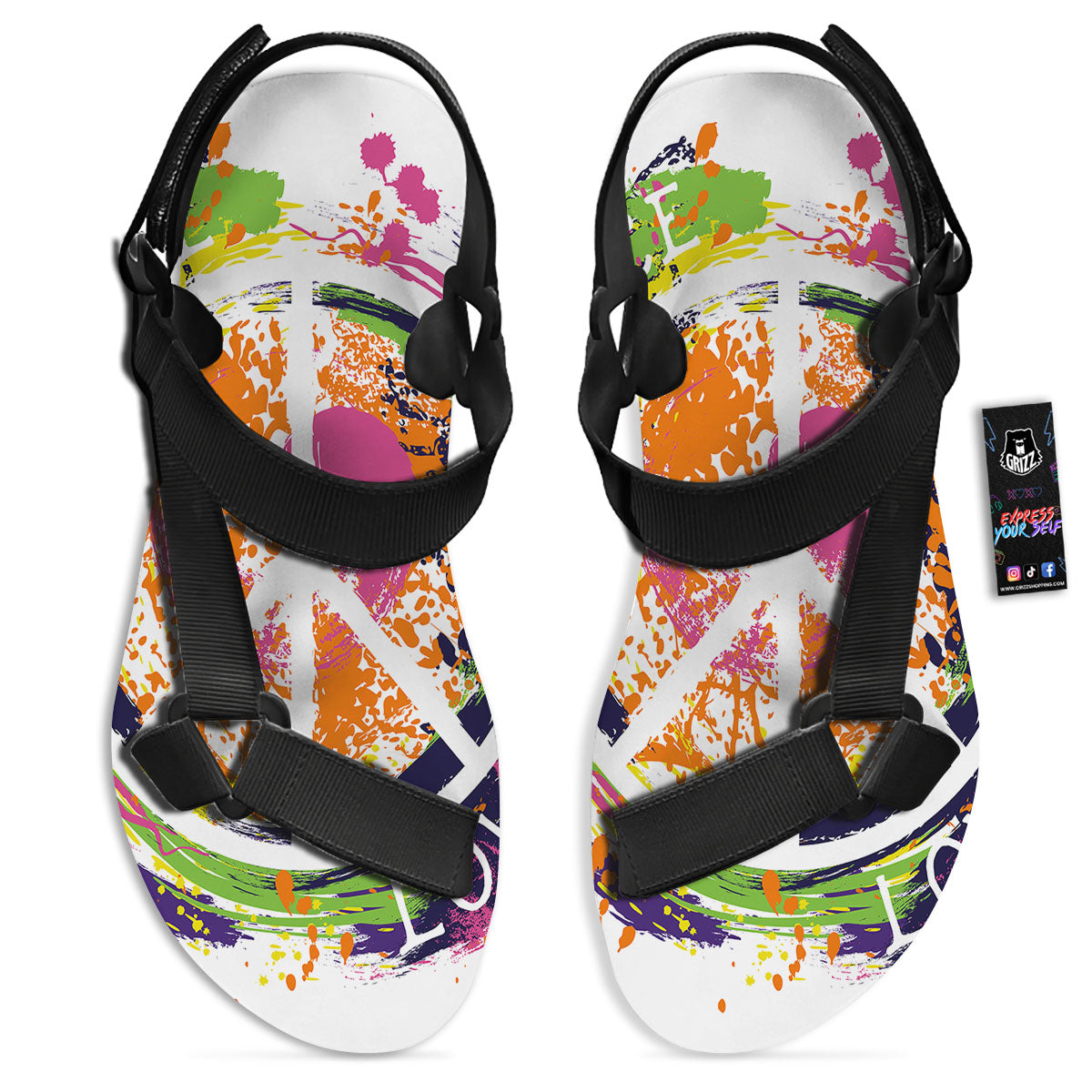 Sign Peace Rasta Print Black Open Toe Sandals-grizzshop