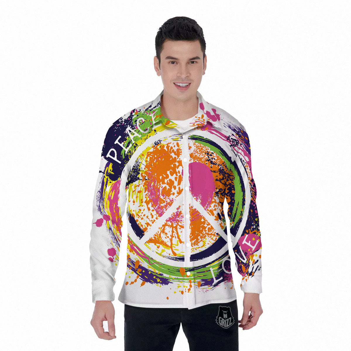 Sign Peace Rasta Print Men's Long Sleeve Shirts-grizzshop
