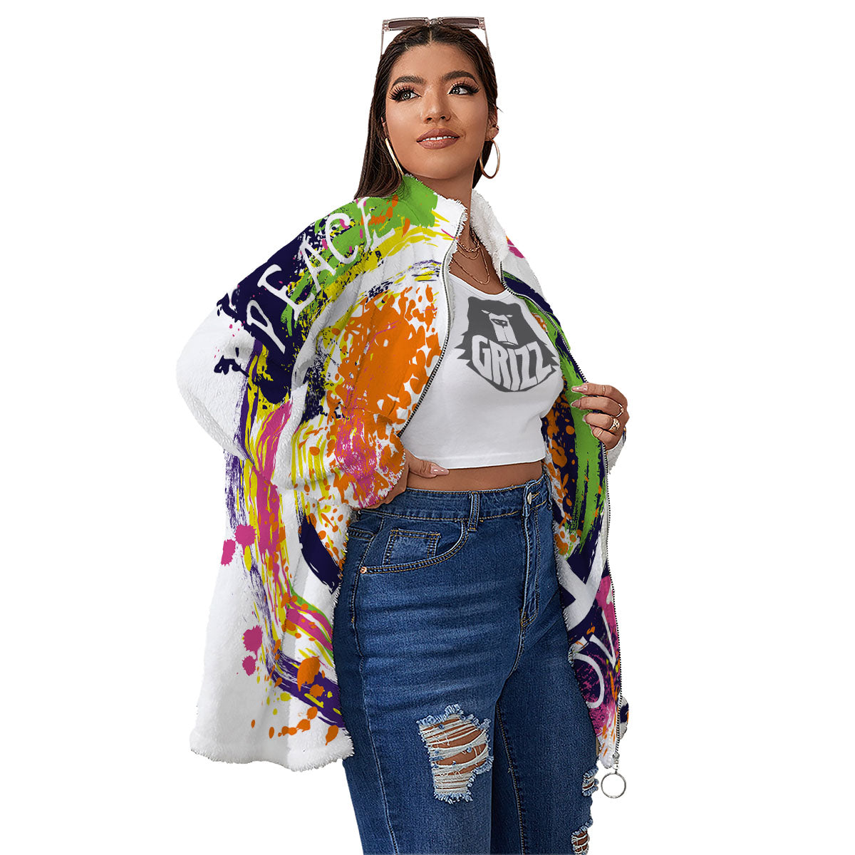 Sign Peace Rasta Print Women's Sherpa Jacket-grizzshop