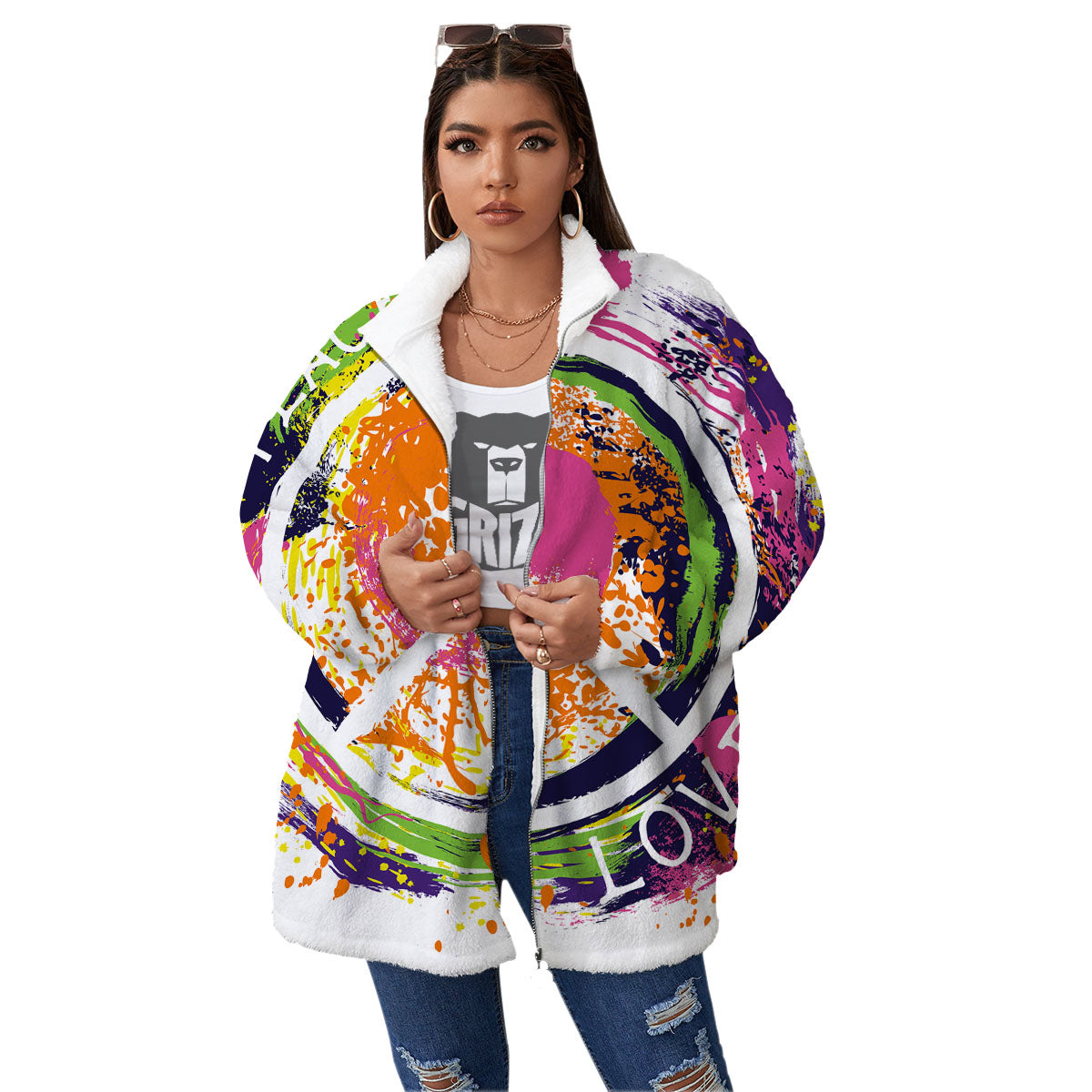 Sign Peace Rasta Print Women's Sherpa Jacket-grizzshop