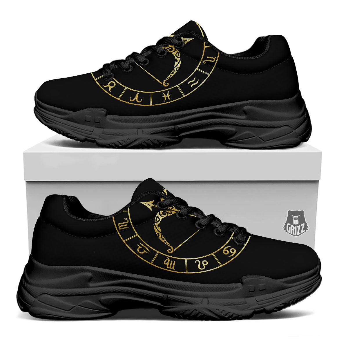 Sign Sagittarius Gold Print Black Chunky Shoes-grizzshop