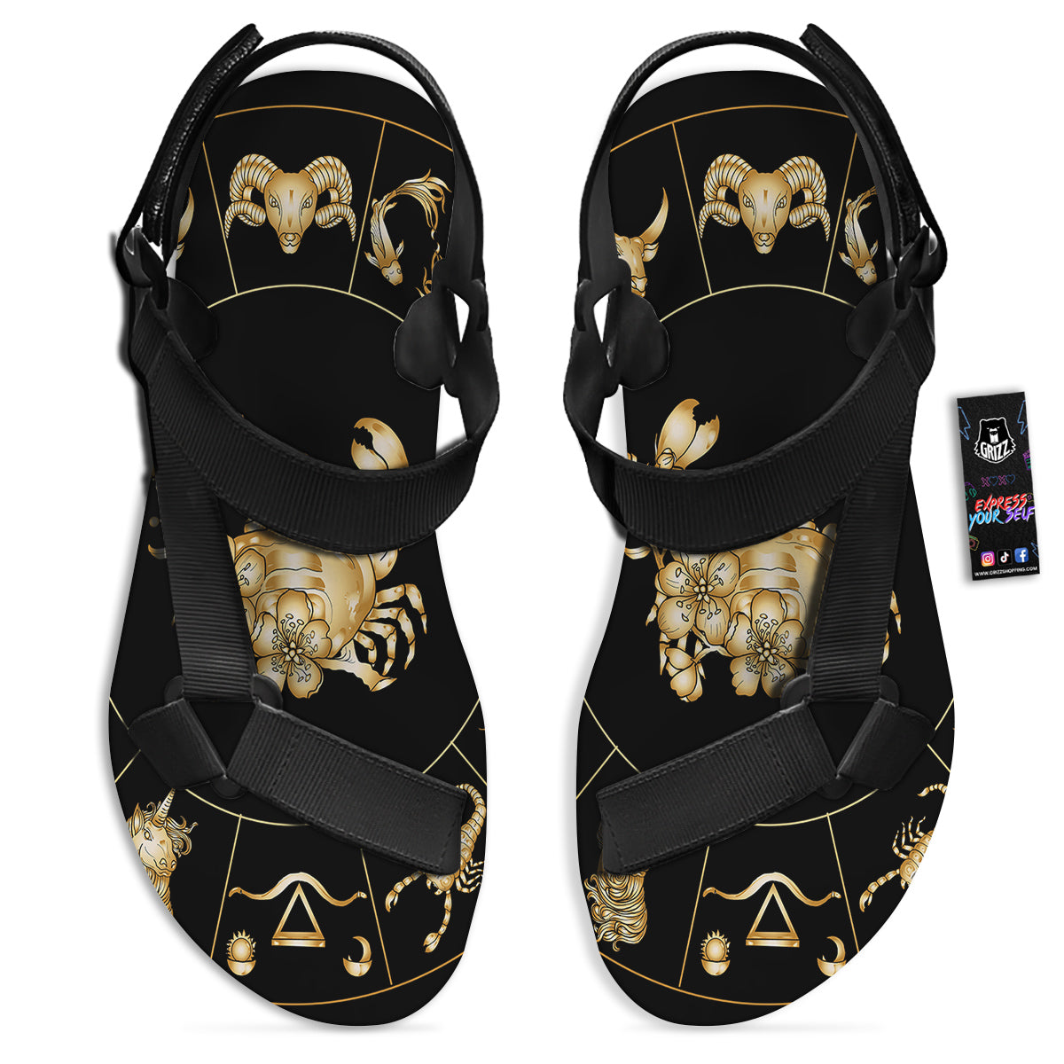 Signs Astrological And Cancer Print Black Open Toe Sandals-grizzshop