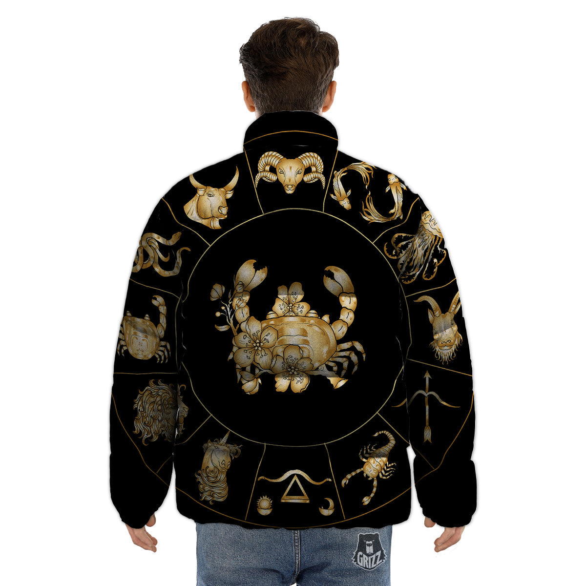 Signs Astrological And Cancer Print Puffer Jacket-grizzshop