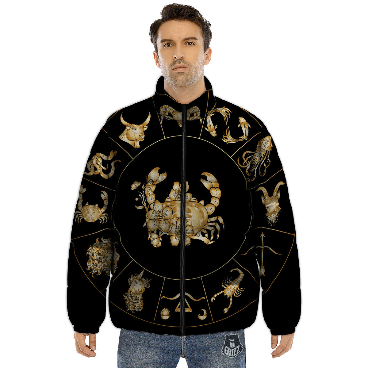 Signs Astrological And Cancer Print Puffer Jacket-grizzshop