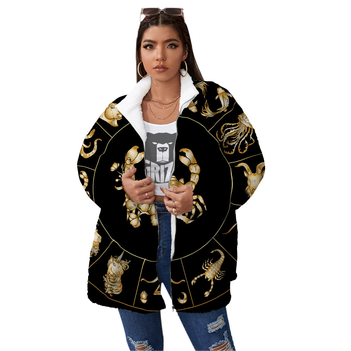 Signs Astrological And Cancer Print Women's Sherpa Jacket-grizzshop