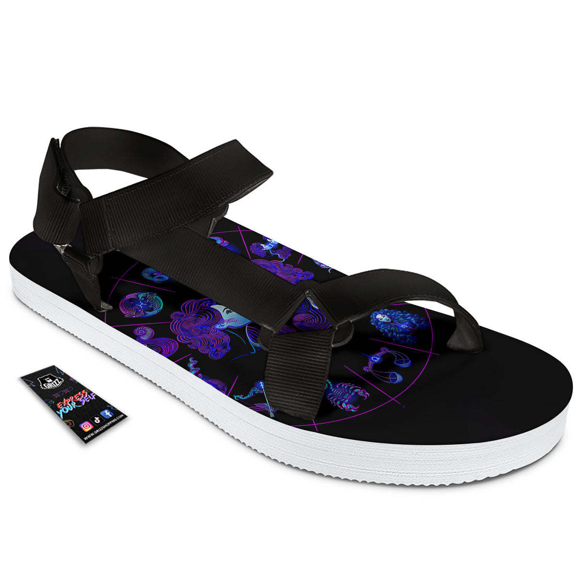 Signs Astrological And Gemini Print Black Open Toe Sandals-grizzshop