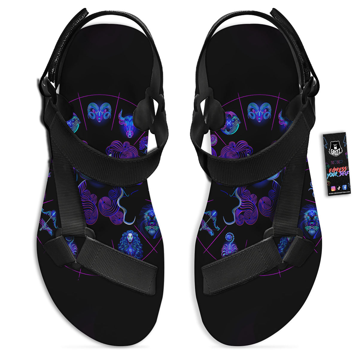 Signs Astrological And Gemini Print Black Open Toe Sandals-grizzshop