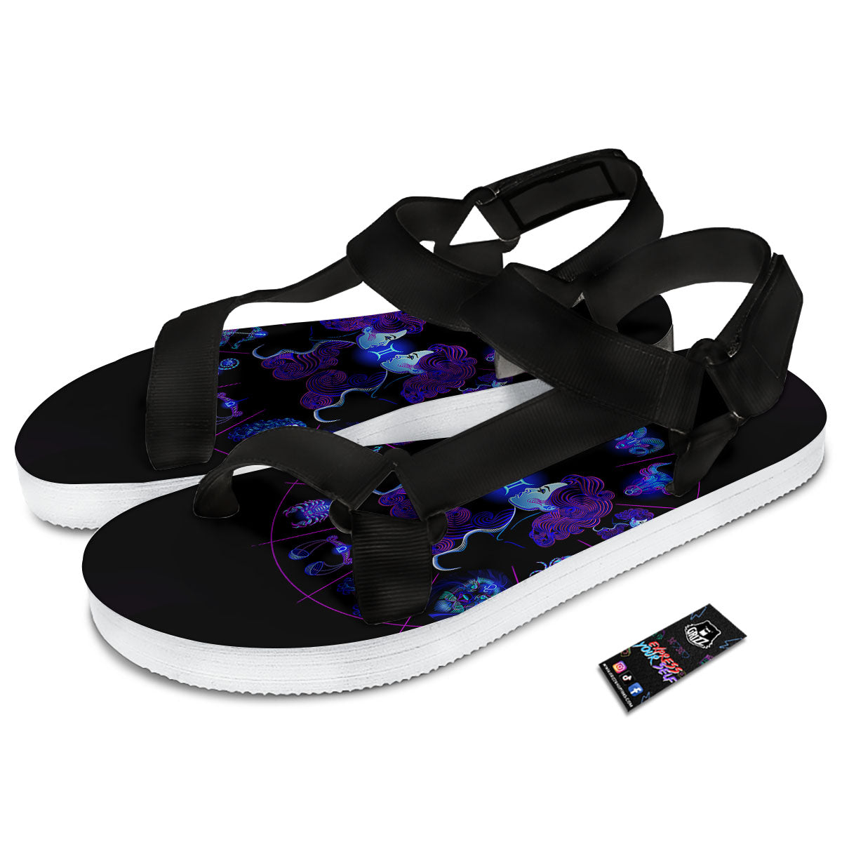 Signs Astrological And Gemini Print Black Open Toe Sandals-grizzshop