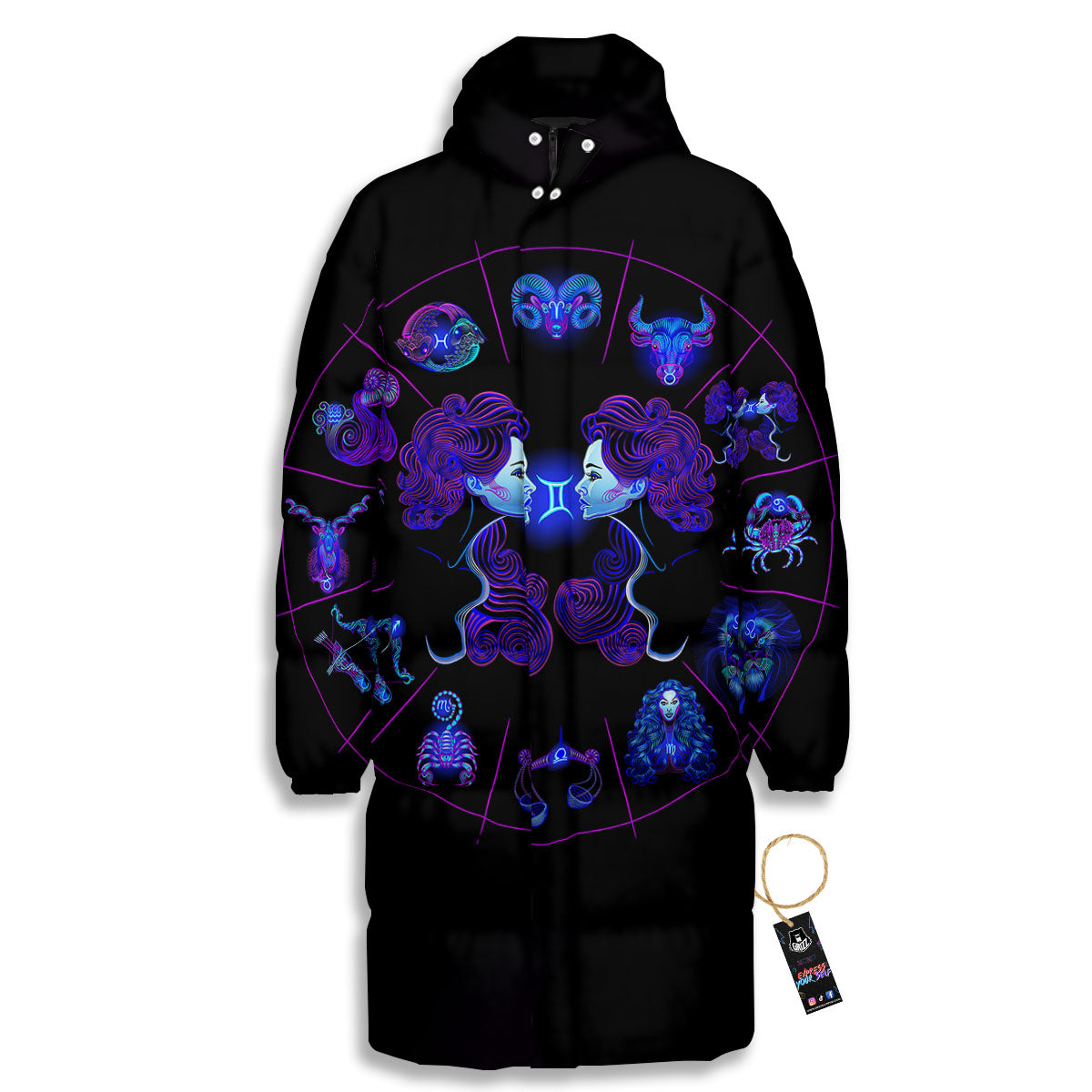 Signs Astrological And Gemini Print Long Down Jacket-grizzshop