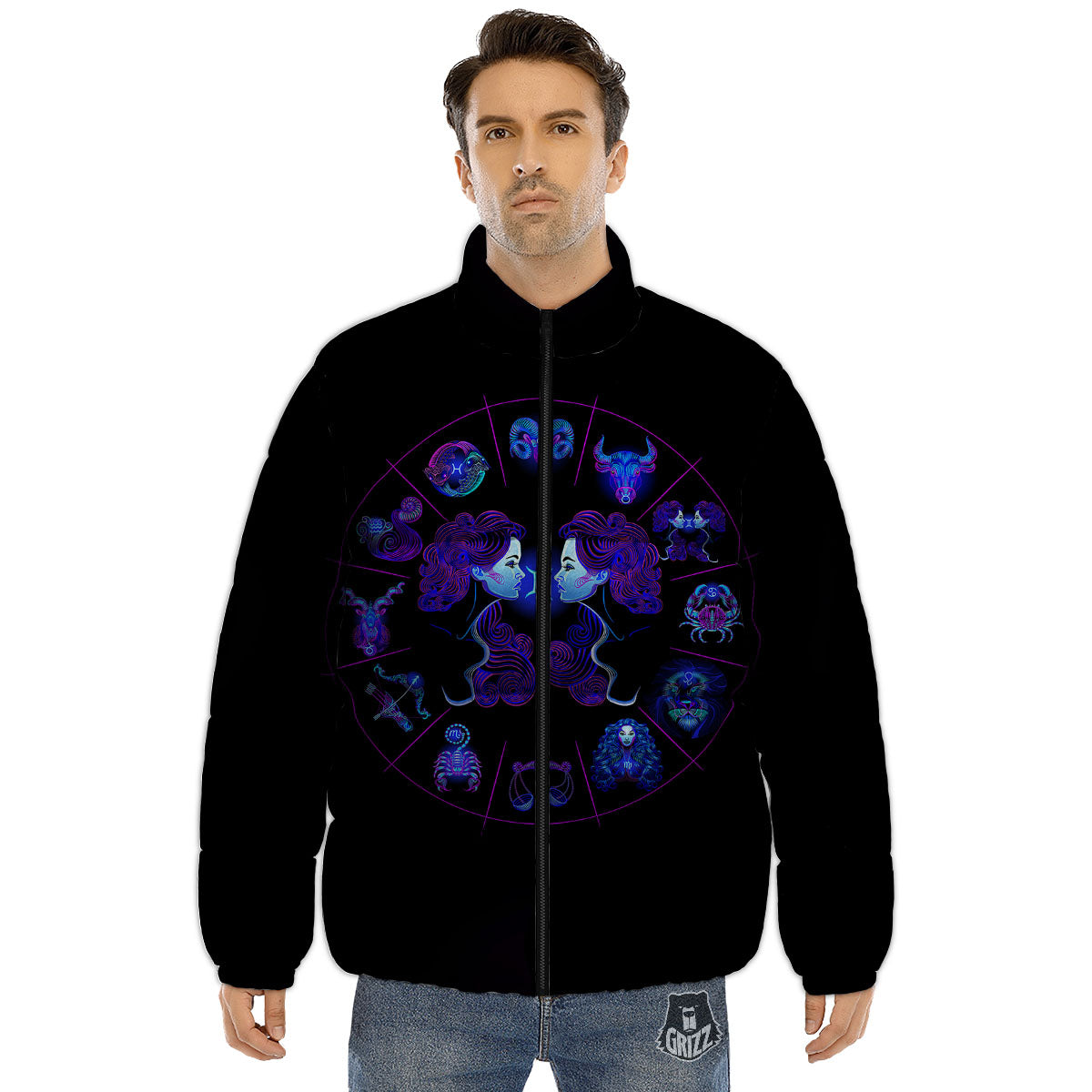 Signs Astrological And Gemini Print Puffer Jacket-grizzshop