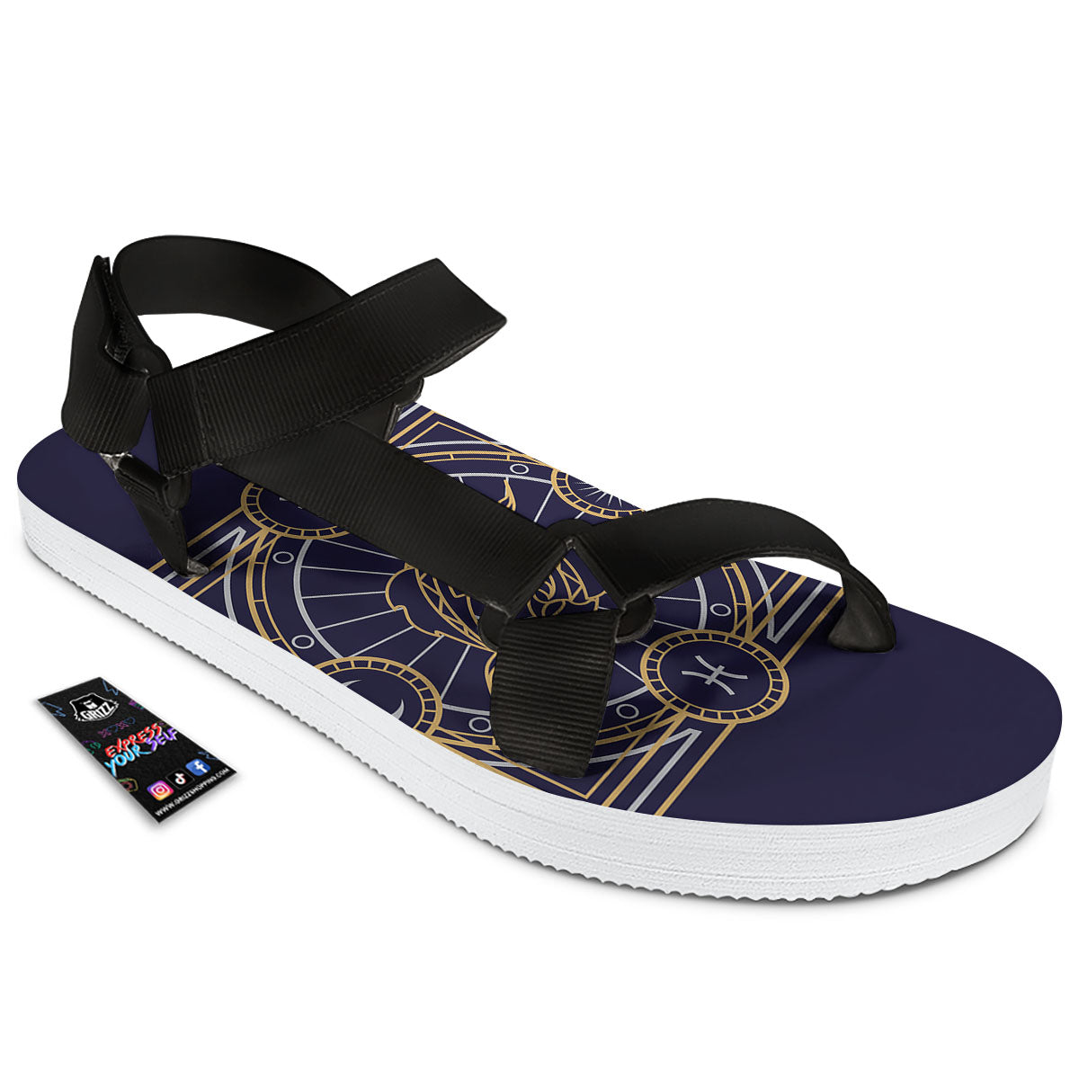 Signs Astrological And Pisces Print Black Open Toe Sandals-grizzshop