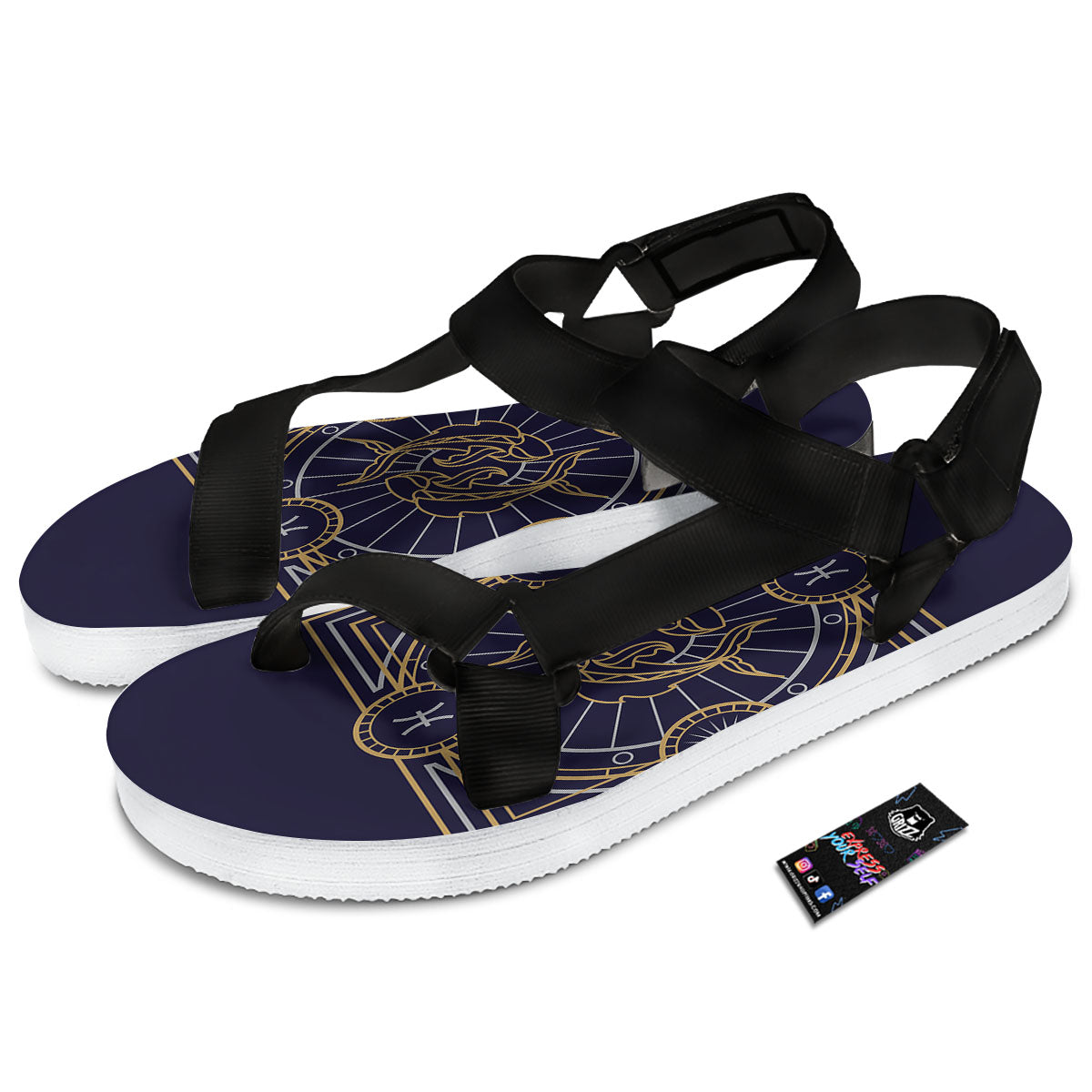 Signs Astrological And Pisces Print Black Open Toe Sandals-grizzshop