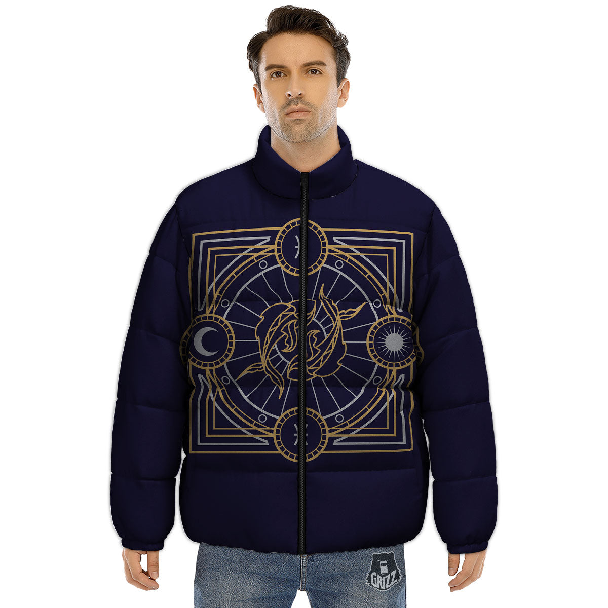 Signs Astrological And Pisces Print Puffer Jacket-grizzshop