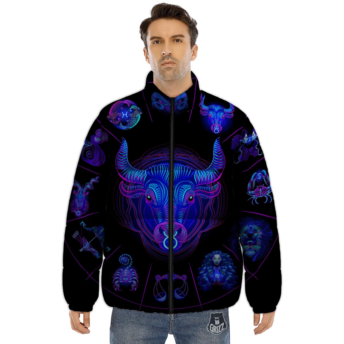 Signs Astrological And Taurus Print Puffer Jacket-grizzshop
