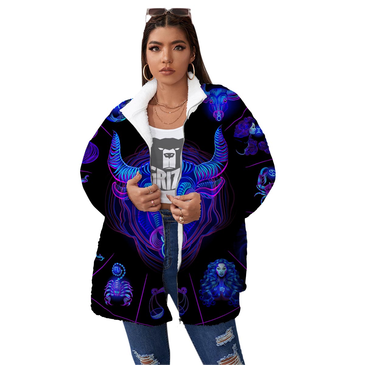 Signs Astrological And Taurus Print Women's Sherpa Jacket-grizzshop