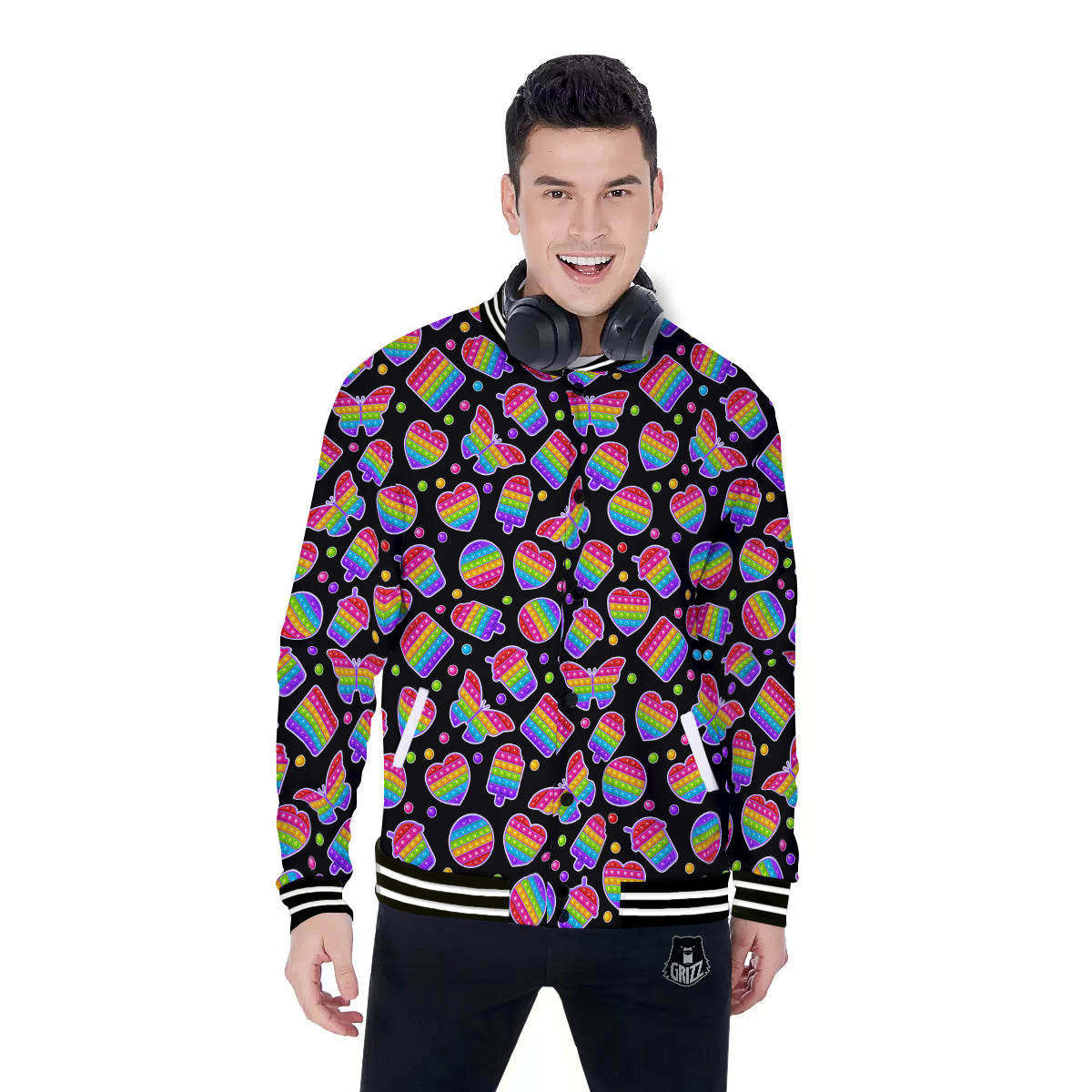 Silicone Bubbles Pop it Colorful Print Pattern Baseball Jacket-grizzshop