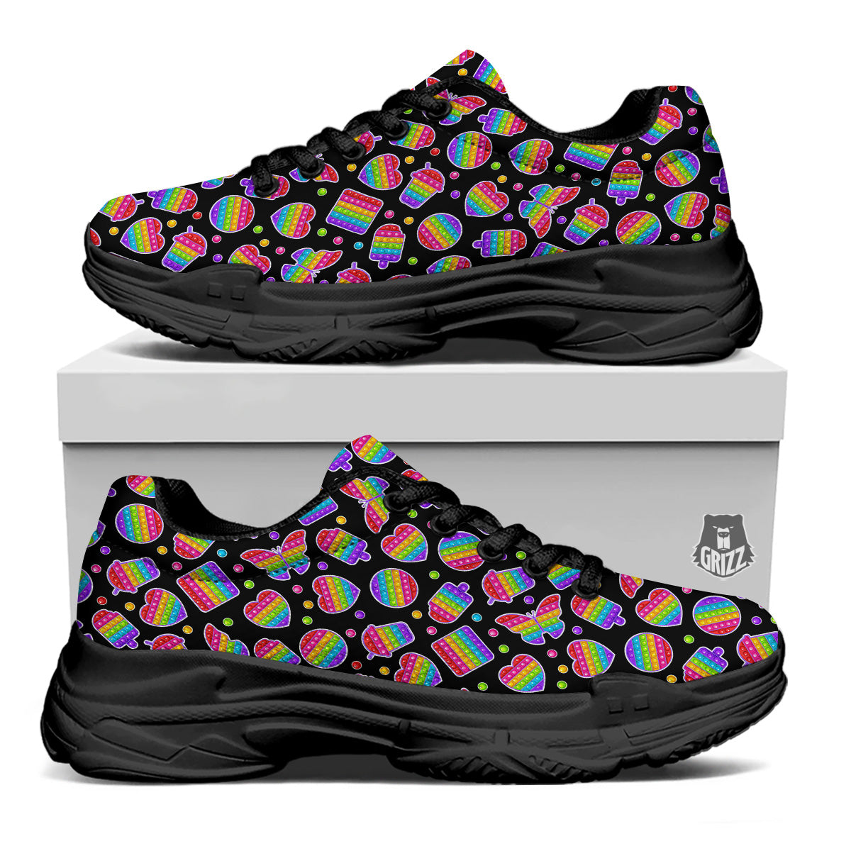 Silicone Bubbles Pop it Colorful Print Pattern Black Chunky Shoes-grizzshop