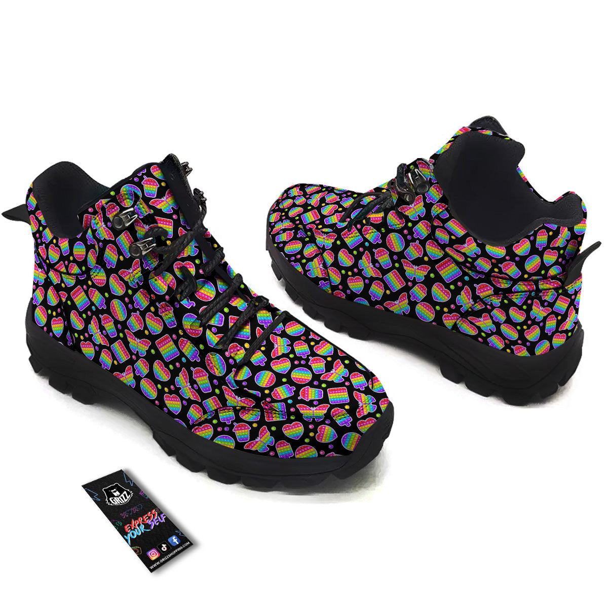 Silicone Bubbles Pop it Colorful Print Pattern Hiking Shoes-grizzshop