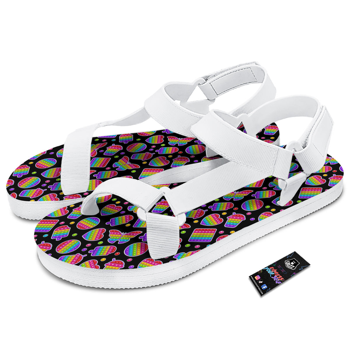 Silicone Bubbles Pop it Colorful Print Pattern White Open Toe Sandals-grizzshop