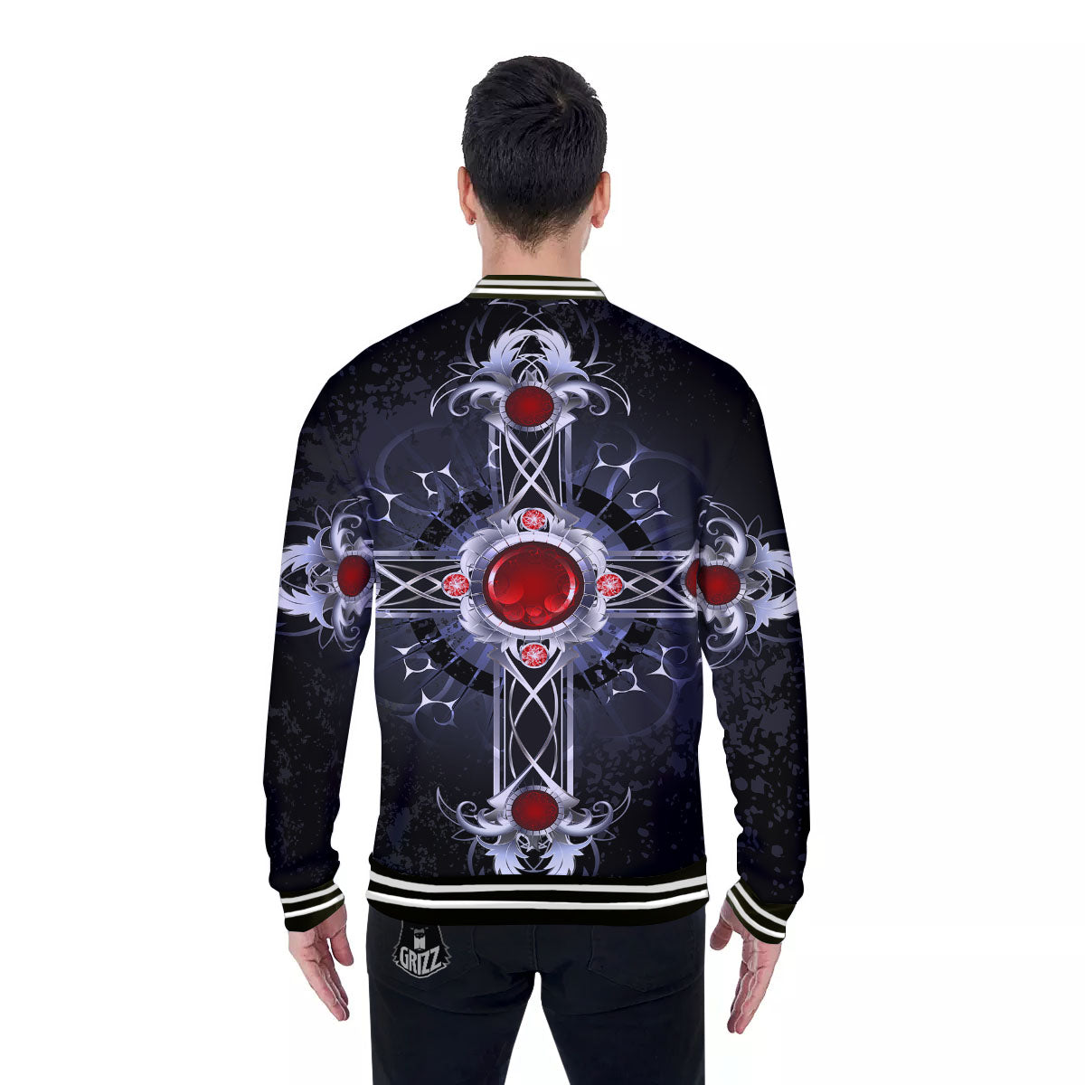 Silver Cross Ornamental Print Baseball Jacket-grizzshop